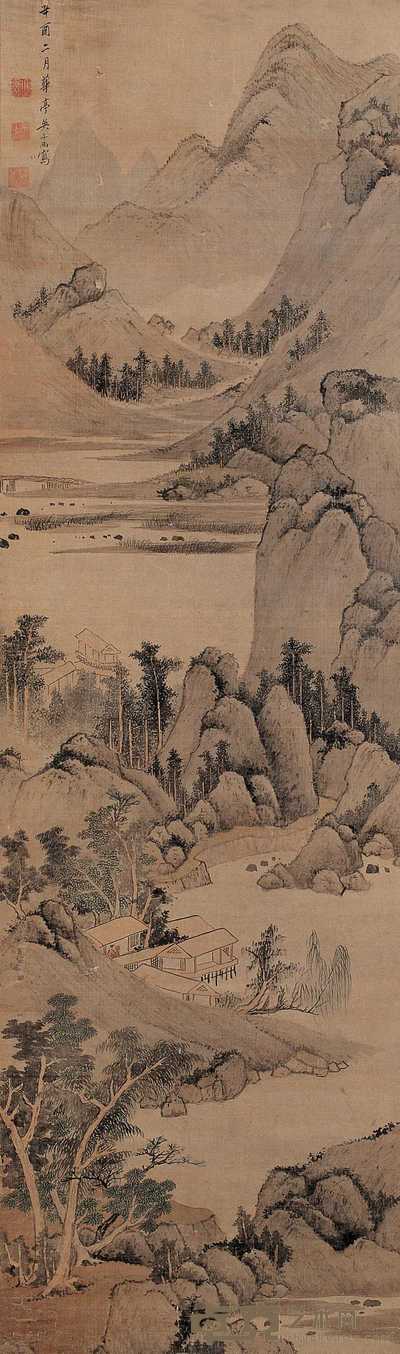 吴昌 1621年作 山水 立轴 156×46.5cm